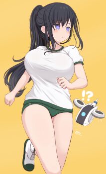 !? 1girl alice_gear_aegis black_hair blue_eyes blush bouncing_breasts breasts buruma drone green_buruma green_shorts gym_shirt gym_shorts gym_uniform high_ponytail kagome_misaki large_breasts long_hair no_bra open_mouth pink_pupils ponytail running seseragi_(star4rats) shirt shoes short_shorts shorts sneakers solo standing sweat t-shirt twitter_username white_shirt yellow_background