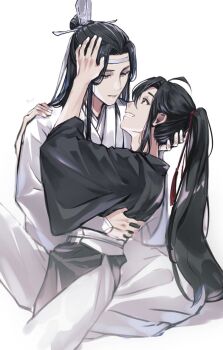 2boys ahoge bishounen black_eyes black_hair black_hanfu chinese_clothes chohato0717 closed_mouth couple eye_contact grey_eyes grin hair_ornament hair_ribbon hand_on_another&#039;s_back hand_on_another&#039;s_head hand_on_another&#039;s_shoulder hanfu headband high_ponytail highres hug lan_wangji long_hair long_sleeves looking_at_another male_focus modao_zushi multiple_boys pants ponytail profile red_ribbon ribbon robe sash sidelocks simple_background sitting sitting_on_lap sitting_on_person smile tassel tassel_hair_ornament topknot wei_wuxian white_background white_hanfu white_headband white_pants white_sash wide_sleeves xiao_guan_(headdress) yaoi yellow_eyes