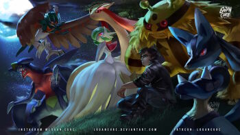 1boy artist_name blue_fur bob_cut claws colored_skin commission crossed_arms decidueye dragon dress electivire fangs full_moon furry garchomp gardevoir gen_3_pokemon gen_4_pokemon gen_7_pokemon glasses grass green_hair hair_over_one_eye highres logan_cure lucario mega_gardevoir mega_pokemon milotic moon night nintendo on_grass pants pokemon pokemon_(creature) red_eyes sky smile star_(sky) starry_sky white_dress white_skin wings yellow_fur