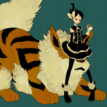 Rule 34 | 00s, 1girl, arcanine, bad id, bad pixiv id, black hair, detached sleeves, dress, gen 1 pokemon, gothic lolita, holding, holding poke ball, l hakase, lolita fashion, marley (pokemon), nintendo, pantyhose, poke ball, pokemon, pokemon (creature), pokemon dppt, short hair