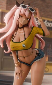 1girl 3d absurdres alternate_skin_color bikini bikini_under_clothes bikini_bottom_under_shorts blender_(medium) blurry brazilian_flag brazilian_flag_print brazilian_miku brazilian_miku_(cosplay) breasts cosplay denim denim_shorts depth_of_field dkclaude3d eyewear_on_head flag_print hair_ornament hairclip hatsune_miku highres jewelry long_hair looking_at_viewer mole mole_on_breast mole_on_thigh mole_under_eye navel nicole_demara outdoors pink_hair rectangular_earrings shirt shorts solo sunglasses swimsuit tan two_side_up vocaloid zenless_zone_zero