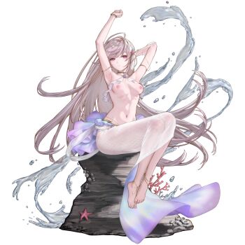 1girl anklet armlet armpits barefoot barnacle bikini bracelet breasts coral dress earrings emily_(last_origin) frilled_bikini frills full_body gem gold_anklet gold_armlet gold_bracelet gold_collar hair_ornament highres iridescent jewelry last_origin legs_together linea_alba long_dress long_hair mel_(dodosae) mermaid_costume mermaid_dress multiple_anklets navel nipples non-web_source official_alternate_costume official_art pink_hair purple_eyes purple_gem rock scale_print shell shell_hair_ornament simple_background sitting skirt small_breasts solo starfish_hair_ornament stretching swimsuit tachi-e transparent_background two-tone_skirt very_long_hair water white_bikini white_skirt