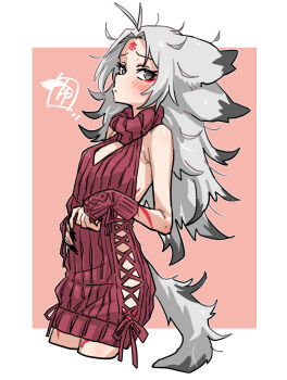 Rule 34 | 1girl, breasts, chiwa (fcwv5738), closed mouth, commentary request, cowboy shot, cropped legs, dress, forehead tattoo, grey eyes, grey hair, highres, houjuu chimi, long hair, looking at viewer, pink background, red sweater, ribbed sweater, sleeveless, sleeveless dress, small breasts, solo, sweater, sweater dress, tattoo, touhou, two-tone background, virgin killer sweater, white background