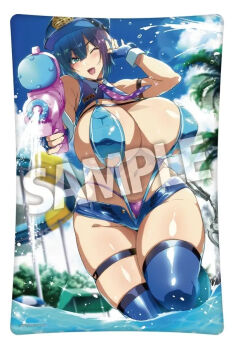 1girl between_breasts bikini breasts cloud collared_shirt cuffs cutout_clothes gloves handcuffs happy hat huge_breasts large_breasts leg_strap morning necktie necktie_between_breasts one_eye_closed open_clothes open_shorts original outdoors palm_tree panties police police_hat police_uniform policewoman pool sample_watermark shirt short_hair short_shorts shorts sleeveless slide smile solo swimsuit takeda_hiromitsu thick_thighs thighhighs thighs tree umbrella underwear water water_gun watermark