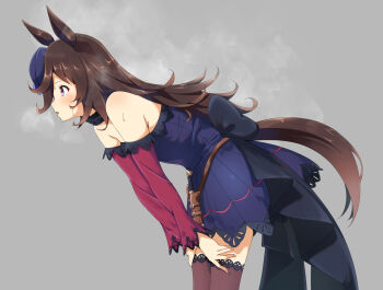 Rule 34 | 1girl, animal ears, bare shoulders, black thighhighs, blue dress, blue flower, blue hat, blue rose, blush, breasts, brown hair, commentary request, dagger, dress, flipped hair, flower, fur choker, hair over one eye, hands on own cheeks, hands on own face, hat, hat flower, horse ears, horse girl, horse tail, knife, leaning forward, long hair, long sleeves, motsutoko, off-shoulder dress, off shoulder, open mouth, purple eyes, rice shower (rosy dreams) (umamusume), rice shower (umamusume), rose, sheath, sheathed, simple background, solo, steaming body, sweat, tail, thighhighs, tilted headwear, umamusume, weapon