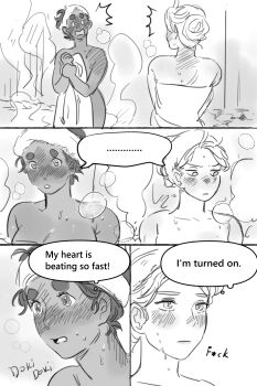 2girls blush breasts cleavage curvy english_text greyscale gundam gundam_suisei_no_majo hair_up highres looking_at_another averting_eyes medium_breasts milfcookiesimp miorine_rembran monochrome multiple_girls nude sauna sequential steam suletta_mercury sweat towel towel_on_head yuri