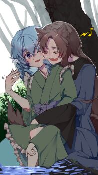 2girls animal_ears blue_eyes blue_hair blush brown_hair closed_eyes commentary_request drill_hair drill_sidelocks fang fins frilled_kimono frills green_kimono hair_between_eyes head_fins head_on_another's_shoulder highres hug hug_from_behind imaizumi_kagerou japanese_clothes kimono long_hair long_sleeves looking_at_another mermaid mermaid_out_of_environment monster_girl multiple_girls musical_note nu2_(nunonijou) obi obijime open_mouth partially_submerged quad_drills sash sidelocks sitting sitting_on_lap sitting_on_person skin_fang smile spoken_musical_note sweat tail touhou wakasagihime wide_sleeves wolf_ears wolf_girl wolf_tail