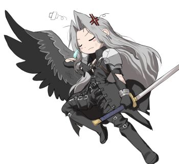 anger_vein arm_up armor bandages black_boots black_coat black_gloves black_pants black_wings boots bracer chest_strap chibi closed_eyes coat commentary_request cracked_armor feathered_wings final_fantasy final_fantasy_vii final_fantasy_vii_remake gloves grey_hair hair_intakes hattouissenbaka high_collar highres holding holding_sword holding_weapon knee_boots long_coat long_hair masamune_(ff7) messy_hair pants parody parted_bangs pauldrons sephiroth shoulder_armor single_wing style_parody sword torn_clothes touhou weapon white_background wings zun_(style)