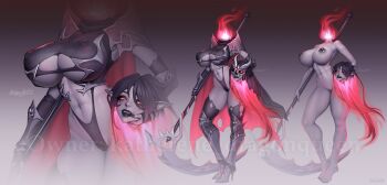 1girl absurdres armor armored_boots artist_name black_lips boots breasts cape colored_skin covered_erect_nipples disembodied_head gauntlets grey_skin headless high_heel_boots high_heels highres holding holding_head holding_scythe kolga_art large_breasts multiple_views navel nipple_piercing nipples piercing pointy_ears pussy red_eyes scythe skull torn_cape torn_clothes undead vampire