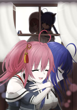 2girls :d ^_^ absurdres ahoge animal_ears antenna_hair assault_lily bare_shoulders black_capelet black_ribbon blue_eyes blue_hair blunt_bangs braid breasts buttons capelet cat cat_ears closed_eyes closed_mouth commentary_request cropped_jacket crown_braid curtains hair_between_eyes hair_down hair_ornament hair_ribbon head_on_another's_shoulder heads_together heart_antenna_hair heterochromia highres hood hood_up hug hug_from_behind indoors long_hair looking_at_another mechanical_ears medium_breasts multiple_girls multiple_views nagasaka_maho neck_ribbon off_shoulder open_mouth pink_eyes pink_hair profile red_ribbon ribbon school_uniform shade shirt short_sleeves side_braids side_ponytail sleeveless sleeveless_shirt smile tassel tassel_hair_ornament tetsukawa_toa upper_body white_background white_shirt window yadoo yellow_ribbon yuri yurigaoka_girls_academy_school_uniform