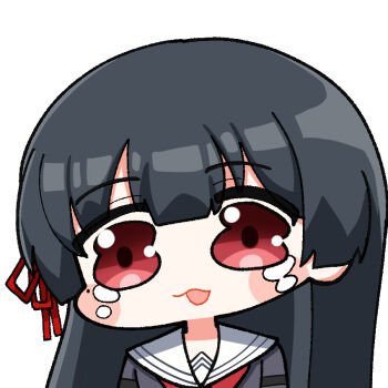 Rule 34 | 1girl, black hair, black shirt, chisa (wuthering waves), commentary, hair ribbon, long hair, looking at viewer, mole, mole under eye, open mouth, red eyes, red ribbon, ribbon, sailor collar, shirt, simple background, solo, sticker (medium), symbol-only commentary, twomoon, upper body, white background, white sailor collar, wuthering waves