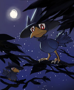 bird bright_pupils closed_mouth commentary_request gen_2_pokemon highres looking_down moon murkrow night nihine_(u-u115) nintendo no_humans on_branch outdoors pokemon pokemon_(creature) pokemon_focus red_eyes sky star_(sky) white_pupils