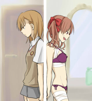 2girls back-to-back bandaged_chest bandaged_leg bandages bare_arms bare_shoulders bathroom bow bra breasts brown_eyes brown_hair brown_sweater brown_sweater_vest brown_vest closed_mouth collared_shirt commentary_request cowboy_shot door emblem from_side grey_skirt hair_between_eyes hair_bow indoors injury long_hair medium_hair miniskirt mirror misaka_mikoto multiple_girls navel negiko123123 nervous_smile open_mouth panties partial_commentary pleated_skirt purple_bra purple_panties red_bow scene_reference school_emblem school_uniform shirai_kuroko shirt short_sleeves sideways_mouth skirt small_breasts smile standing stomach summer_uniform sweatdrop sweater sweater_vest teeth toaru_majutsu_no_index toaru_majutsu_no_index:_old_testament tokiwadai_school_uniform twintails underwear underwear_only upper_teeth_only v-neck vest