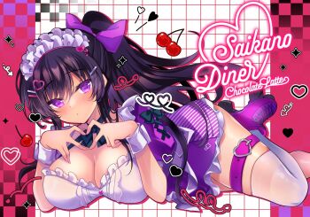 Rule 34 | 1girl, apron, black hair, blush, bow, breasts, cherry, cleavage, collarbone, dress, food, fruit, hair bow, hair ornament, hairclip, heart, heart hands, ichiyou moka, juliet sleeves, large breasts, legs, long hair, long sleeves, lying, maid, maid headdress, necktie, on stomach, original, ponytail, puffy sleeves, purple dress, purple eyes, roller skates, saimin kanojo (ichiyou moka), shoes, short sleeves, simple background, skates, skirt, solo, takanashi iori (ichiyou moka), thighhighs, thighs