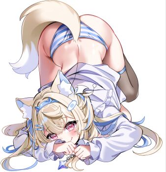 Rule 34 | 1girl, :q, all fours, animal ear fluff, animal ears, bandaid, bandaid hair ornament, bib collar, black collar, blonde hair, blue hairband, blue panties, blue streaks, chocola vt, clothes lift, collar, commentary, crossed bangs, dog ears, dog girl, dog tail, double-parted bangs, dress, dress lift, english commentary, fake horns, frilled shirt collar, frills, full body, fuwawa abyssgard, fuwawa abyssgard (1st costume), grey thighhighs, hair between eyes, hair ornament, hairband, hairclip, highres, hololive, hololive english, horn hairband, horns, long hair, long sleeves, looking at viewer, median furrow, panties, parallel hairclips, pink eyes, simple background, single thighhigh, smile, solo, striped clothes, striped panties, tail, thighhighs, tongue, tongue out, top-down bottom-up, two side up, underwear, virtual youtuber, white background, white dress