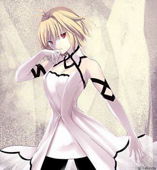 1girl ahoge arcueid_brunestud arcueid_brunestud_(clad_in_glacier) bare_shoulders blonde_hair breasts cleavage dress elbow_gloves gloves hair_intakes hair_ornament looking_at_viewer official_alternate_costume pantyhose red_eyes short_hair sukiniyaru tsukihime tsukihime_(remake) upper_body white_dress white_gloves
