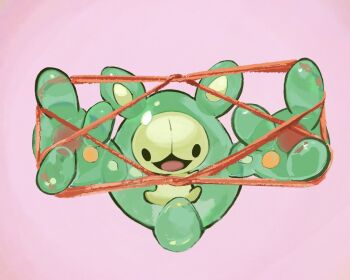 :d black_eyes commentary_request full_body gen_5_pokemon happy holding holding_string koala_0l nintendo no_humans open_mouth pink_background pokemon pokemon_(creature) pokemon_focus reuniclus smile solid_oval_eyes solo string tongue