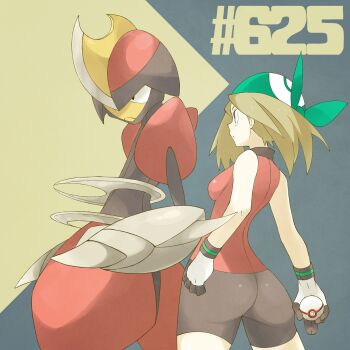1girl ass bandana bare_arms bare_shoulders bike_shorts bisharp blue_eyes breasts brown_hair clenched_hand closed_mouth collared_shirt female_focus gen_5_pokemon gloves green_bandana highres holding holding_poke_ball huge_ass looking_at_another may_(pokemon) may_(pokemon_emerald) md5_mismatch medium_breasts multicolored_gloves nintendo poke_ball pokemon pokemon_(creature) pokemon_rse premium_ball red_shirt serious shigino_sohuzi shirt short_hair sleeveless sleeveless_shirt standing