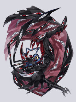 abbadomon abbadomon_core black_cape black_skin cape colored_skin confeito000_333 digimon digimon_(creature) evolutionary_line extra_eyes extra_mouth full_body grey_background highres multicolored_skin negamon one-eyed red_cape red_eyes red_skin sharp_teeth simple_background teeth two-sided_cape two-sided_fabric two-tone_skin yellow_eyes