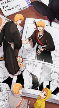 1046sstep_btoh 5boys aged_down anniversary black_hakama bleach book bug butterfly child coat commentary_request copyright_name dated flower hakama handshake highres holding_vase hood hooded_coat insect japanese_clothes karakura_high_school_uniform kon_(bleach) kurosaki_ichigo male_focus manga_(object) mini_person miniboy multiple_boys multiple_persona open_mouth school_uniform shihakusho smile squatting sword sword_on_back through_medium through_page weapon weapon_on_back yellow_coat