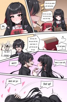 1boy 1girl abby_(wuthering_waves) absurdres black_choker black_hair black_jacket black_shirt book chisa_(wuthering_waves) choker commentary english_commentary english_text food food_in_mouth gekhuay hair_ribbon heart hetero highres holding holding_book jacket light_blush long_hair male_rover_(wuthering_waves) neckerchief open_book pocky pocky_in_mouth pocky_kiss red_eyes red_neckerchief red_ribbon ribbon rover_(wuthering_waves) sailor_collar shaded_face shared_food shirt white_sailor_collar wuthering_waves