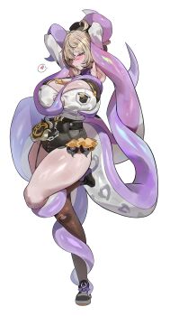 1girl absurdres armpits arms_up bare_shoulders beret black_hat black_shorts black_thighhighs blonde_hair blush breasts detached_sleeves full_body hat high-waist_shorts highres large_breasts looking_at_viewer purple_eyes shirt short_hair shorts single_thighhigh sleeveless sleeveless_shirt tentacle_tail thighhighs white_shirt yidhari_murphy zenless_zone_zero zutsuyaku