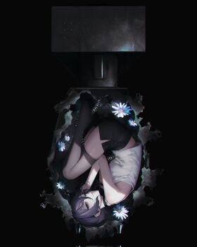 Rule 34 | 1girl, armpits, black choker, black shoes, black shorts, chainsaw man, choker, commentary, fetal position, flower, green eyes, hashtag-only commentary, highres, reze (chainsaw man), shirt, shoes, short hair, shorts, sidelocks, siiar (lvlcmxcix), sleeveless, sleeveless shirt, swept bangs, untranslatable commentary, white flower, white shirt