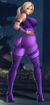 1girl 2021 absurdres artist_name ass assassin blonde_hair blurry blurry_background bodysuit breasts catsuit detached_sleeves female_focus flowerxl high_heels highres huge_ass irish irish_female large_breasts looking_at_viewer looking_back namco nina_williams no_eyewear purple_eyes sideboob skin_tight solo standing tekken tekken_1 tekken_2 tekken_3 tekken_4 tekken_5_dark_resurrection tekken_7 tekken_blood_vengeance tekken_tag_tournament tekken_tag_tournament_2 thick_thighs thighs