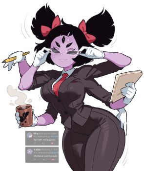 Rule 34 | 1girl, :3, adjusting glasses, arthropod girl, black hair, black sclera, black suit, blunt bangs, bow, breasts, closed mouth, coffee, collared shirt, colored sclera, colored skin, cowboy shot, cup, curvy, dress shirt, drinking glass, extra arms, extra eyes, fangs, glasses, gloves, hand on own ass, holding, holding cup, holding paper, holding pencil, insect girl, long sleeves, medium breasts, medium hair, monster girl, muffet, necktie, office lady, pants, paper, pencil, purple skin, red bow, red necktie, request inset, shirt, short twintails, simple background, sleeves rolled up, snailbrunch, solo, spider girl, steam, suit, thick thighs, thighs, twintails, undertale, utdr (toby fox), white background, white gloves, white shirt
