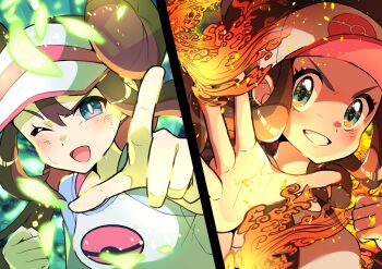 2girls ;d absurdres baseball_cap blush brown_hair clenched_hand clenched_teeth commentary double_bun eyelashes hair_bun hat highres hilda_(pokemon) looking_at_viewer multiple_girls nintendo one_eye_closed open_mouth pointing pokemon pokemon_bw pokemon_bw2 pon_yui raglan_sleeves rosa_(pokemon) shirt sidelocks smile split_screen teeth tongue v-shaped_eyebrows vest visor_cap wristband