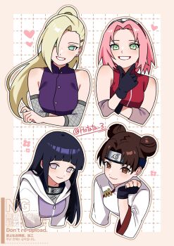 4girls bare_shoulders black_gloves blonde_hair blush border brown_eyes brown_hair closed_mouth commentary_request cropped_torso double_bun earrings fingerless_gloves forehead_protector gloves green_eyes grid_background hair_bun hair_ornament hair_over_one_eye hairclip haruno_sakura highres hotata_3 hyuuga_hinata jacket jewelry konohagakure_symbol long_hair long_sleeves looking_at_viewer multiple_girls naruto_(series) naruto_shippuuden open_mouth outline outside_border pink_hair ponytail purple_eyes purple_hair purple_jacket purple_shirt red_shirt shirt short_hair sleeveless sleeveless_shirt smile stud_earrings tenten_(naruto) twitter_username upper_body watermark white_shirt yamanaka_ino