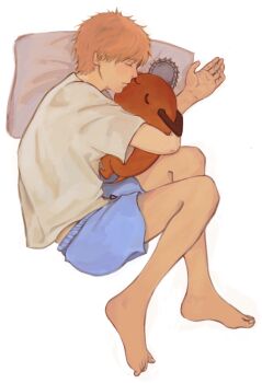 Rule 34 | 1boy, barefoot, blue shorts, chainsaw man, closed eyes, closed mouth, commentary, denji (chainsaw man), english commentary, eulbhitomi, highres, hug, lying, male focus, on side, pillow, pochita (chainsaw man), shirt, short hair, short sleeves, shorts, simple background, sleeping, white background, white shirt