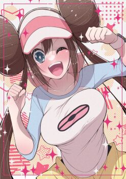 1girl black_pantyhose blue_eyes blush breasts brown_hair double_bun fujiwara_hiro_(kaede_ciao) hair_bun highres large_breasts long_hair looking_at_viewer nintendo one_eye_closed open_mouth pantyhose pokemon pokemon_bw2 rosa_(pokemon) shirt shorts smile solo twintails upper_body visor_cap yellow_shorts