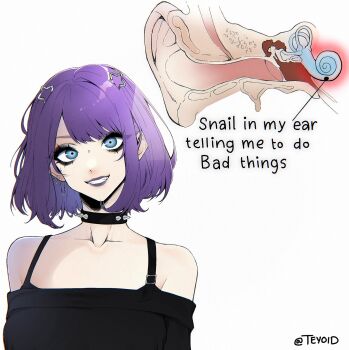 1girl anatomy bare_shoulders black_choker black_shirt blue_eyes choker cochlea_in_aza collarbone commentary ear_piercing eardrum english_text grin hair_ornament highres lipstick looking_at_viewer makeup original parted_bangs piercing purple_hair purple_lips shirt short_hair simple_background smile solo spiked_choker spikes star_(symbol) star_hair_ornament symbol-only_commentary teyoid white_background