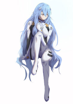 1girl alternate_hair_length alternate_hairstyle andersonalac ayanami_rei bad_id bad_pixiv_id blue_hair bodysuit breasts commentary_request evangelion:_3.0+1.0_thrice_upon_a_time highres interface_headset_(evangelion) long_hair mecha_pilot_suit medium_breasts neon_genesis_evangelion plugsuit_(evangelion) rebuild_of_evangelion red_eyes sidelocks sitting solo spoilers very_long_hair wavy_hair