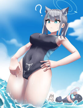 3girls absurdres animal_ear_fluff animal_ears armpits black_one-piece_swimsuit blue_archive blue_eyes blue_halo blue_one-piece_swimsuit blue_sky breasts cameltoe cleft_of_venus competition_swimsuit covered_erect_nipples covered_navel cross cross_hair_ornament earrings extra_ears grey_hair hair_ornament halo hand_on_own_hip highleg highleg_one-piece_swimsuit highres hoshino_(blue_archive) hoshino_(swimsuit)_(blue_archive) inverted_cross jewelry large_breasts looking_down medium_hair mismatched_pupils mong91 multicolored_swimsuit multiple_girls ocean official_alternate_costume one-piece_swimsuit outdoors pussy serika_(blue_archive) serika_(swimsuit)_(blue_archive) shiroko_(blue_archive) shiroko_(swimsuit)_(blue_archive) sideboob sky solo_focus stomach stud_earrings suggestive_fluid sweatdrop swimsuit twintails two-tone_swimsuit wading water wet wolf_ears