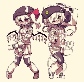 Rule 34 | 2girls, alternate costume, alternate headwear, black hat, blush, breasts, commentary, contemporary, crystal, crystal wings, english commentary, eyeball, fang, flandre scarlet, green eyes, hat, hat ornament, heart, heart hat ornament, heart of string, highres, holding radio, jacket, komeiji koishi, long hair, long sleeves, looking at viewer, monochrome, multiple girls, one eye closed, open mouth, pointy ears, radio, rampa93, red eyes, shoes, shorts, skin fang, skirt, small breasts, smile, thighhighs, third eye, touhou, wings, yellow theme