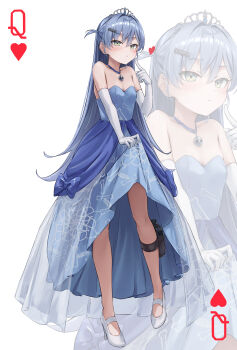 Rule 34 | 1girl, absurdres, alternate costume, bare shoulders, blue dress, blue hair, blush, closed mouth, commentary request, crown, dress, elbow gloves, full body, gloves, gun, hair ornament, hairclip, heart, high heels, highres, holster, jewelry, long hair, looking at viewer, necklace, sakahana, shoes, solo, thigh holster, virtual youtuber, vspo!, weapon, white background, white gloves, white shoes, yano kuromu, yellow eyes, zoom layer