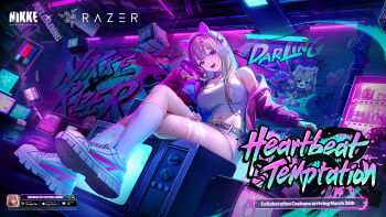 1girl alternate_costume animal_ear_headphones animal_ears breasts brown_hair commentary crop_top english_commentary fake_animal_ears goddess_of_victory:_nikke graffiti headphones highres holding holding_spray_can indoors jacket large_breasts long_hair long_sleeves looking_at_viewer navel official_alternate_costume official_art open_clothes open_jacket open_mouth pink_eyes razer shirt shoes shorts smile sneakers socks solo spray_can television viper_(nikke) viper_(punky_street)_(nikke) white_shirt white_shoes white_shorts white_socks