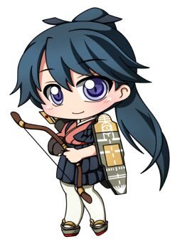 1girl black_hair black_skirt blush bow_(weapon) chibi chibi_only closed_mouth commentary_request full_body grey_sandals holding holding_bow_(weapon) holding_weapon houshou_(kancolle) japanese_clothes kantai_collection kimono long_hair looking_at_viewer pantyhose platform_sandals pleated_skirt ponytail purple_eyes red_kimono sandals shinjitsu simple_background skirt smile solo standing tabi weapon white_background white_pantyhose
