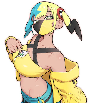 1girl bandeau belt black_belt breasts canari_(pokemon) cleavage collarbone commentary eyelashes green_eyes hand_up highres jacket mask mouth_mask multicolored_hair nintendo nutkingcall off_shoulder pants pokemon pokemon_legends:_z-a simple_background solo twintails white_background yellow_bandeau yellow_jacket zipper zipper_pull_tab