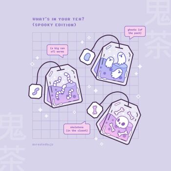 bone commentary english_commentary english_text food_focus ghost grid_background instagram_username jeanette_zhu no_humans original purple_background simple_background skull sparkle speech_bubble teabag worm