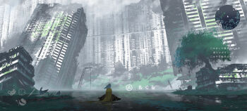 1girl absurdres animal animal_on_head artist_name asteroid_ill bird bird_on_head black_dress blonde_hair building commentary cornea_(asteroid_ill) dress fake_screenshot fog grass highres long_hair minimap on_head original overgrown partially_submerged rubble ruins skyscraper solo swimming tree user_interface very_long_hair wet wet_hair