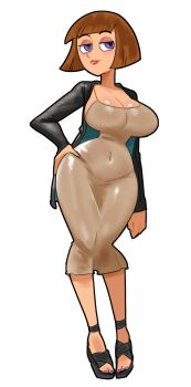 1girl absurdres blush bob_cut breasts brown_hair cleavage covered_navel curvy danny_phantom dongtan_dress dress hand_on_own_hip highres jacket large_breasts looking_at_viewer maddie_fenton minuspal no_bra open_clothes open_jacket purple_eyes shiny_skin short_hair source_request standing transparent_background wide_hips