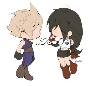 1boy 1girl 4k1030 bare_shoulders black_hair black_skirt black_sleeves blonde_hair blue_pants blue_sweater blush boots brown_boots brown_gloves cloud_strife crop_top detached_sleeves earrings english_text facing_another final_fantasy final_fantasy_vii fingerless_gloves from_side full_body gloves heart highres jewelry long_hair low-tied_long_hair midriff miniskirt no_eyes pants parted_lips pencil_skirt profile red_boots red_gloves ribbed_sweater short_hair skirt sleeveless sleeveless_turtleneck spiked_hair standing suspender_skirt suspenders sweater tank_top tifa_lockhart turtleneck turtleneck_sweater twitter_username white_background white_tank_top