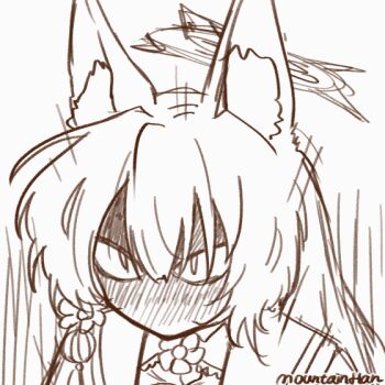 1girl :3 angry animal_ear_fluff animal_ears animated animated_gif artist_name blue_archive fox_ears greyscale half-closed_eyes halo headpat long_hair monochrome mountain_han portrait smile solo_focus wakamo_(blue_archive) white_background