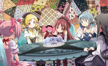 5girls abstract_background akemi_homura anime_coloring argyle_clothes argyle_pantyhose armlet arms_on_table artist_request back_bow back_cutout bare_shoulders beret black_boots black_bow black_capelet black_hair black_pantyhose black_wrist_cuffs blonde_hair blue_hair blue_shirt blue_sleeves boots bow bow_choker bowtie braid breasts brown_corset brown_hat bubble_skirt cape capelet chair charlotte_(madoka_magica) chest_jewel choker cleavage cleavage_cutout clenched_hands closed_mouth clothing_cutout collared_cape collared_capelet collared_dress collared_shirt corset detached_sleeves dot_nose dress dress_bow drill_hair elbows_on_table feet_out_of_frame flower_hairpin fortissimo frilled_dress frilled_shirt frilled_sleeves frills from_behind gem glasses gloves gold_buttons grey_capelet grey_skirt grey_sleeves hair_ornament hairclip hand_jewel hand_on_lap hands_on_lap hands_on_table hat hat_feather heart_cutout high_collar high_ponytail highres holy_quintet jewelry kaname_madoka knee_boots layered_sleeves leaning_forward light_blush long_hair long_sleeves looking_at_creature low_twin_braids magical_girl mahou_shoujo_madoka_magica mahou_shoujo_madoka_magica:_hangyaku_no_monogatari mahou_shoujo_madoka_magica_magia_exedra miki_sayaka miniskirt multiple_girls musical_note musical_note_hair_ornament official_art on_chair open_mouth orange_gem own_hands_together pantyhose pink_bow pink_dress pink_hair pleated_skirt pointy_nose ponytail puffy_long_sleeves puffy_short_sleeves puffy_sleeves purple_bow purple_bowtie purple_eyes purple_gem red-framed_eyewear red_boots red_bow red_choker red_dress red_eyes red_gem red_hair sakura_kyoko shirt short_dress short_hair short_sleeves short_twintails shoulder_blades sitting skirt sleeveless sleeveless_dress sleeves_past_wrists square_neckline strapless strapless_shirt striped_clothes striped_pantyhose tareme third-party_source tomoe_mami tsurime twin_braids twin_drills twintails two-tone_capelet two-tone_shirt vertical-striped_clothes vertical-striped_pantyhose very_long_hair white_cape white_dress white_gloves white_shirt white_skirt white_sleeves witch_(madoka_magica) wrist_cuffs yellow_bow yellow_bowtie yellow_eyes yellow_shirt