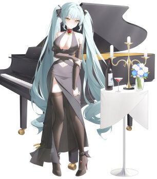 1girl alcohol alternate_costume aqua_hair black_dress breasts candle cleavage dress flower full_body goddess_of_victory:_nikke highres infinity_(kkx132) instrument long_hair piano privaty_(nikke) red_wine solo table twintails white_background wine