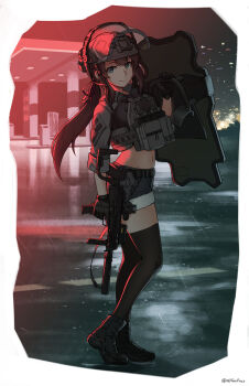 1girl absurdres blue_shorts brown_hair combat_helmet denim denim_shorts from_side fur-trimmed_shorts fur_trim gas_station gun h&amp;k_mp7 helmet highres looking_at_viewer mechanix_wear ndtwofives original riot_shield shield shorts smile submachine_gun tactical_clothes termichan_(not-a-bot) weapon