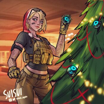 Rule 34 | 1girl, arm tattoo, arm up, armband, artist name, belt, blonde hair, blurry, blurry background, christmas, christmas tree, facepaint, gloves, green eyes, hair between eyes, hat, highres, holding, indoors, instagram logo, merry christmas, military operator, navy seals, orb, pants, radio, rainbow six siege, santa hat, signature, simple background, sketch, smile, solo, solo focus, suisui again, tactical clothes, tattoo, twitter logo, twitter username, upper body, valkyrie (rainbow six siege), vest pouch, war paint